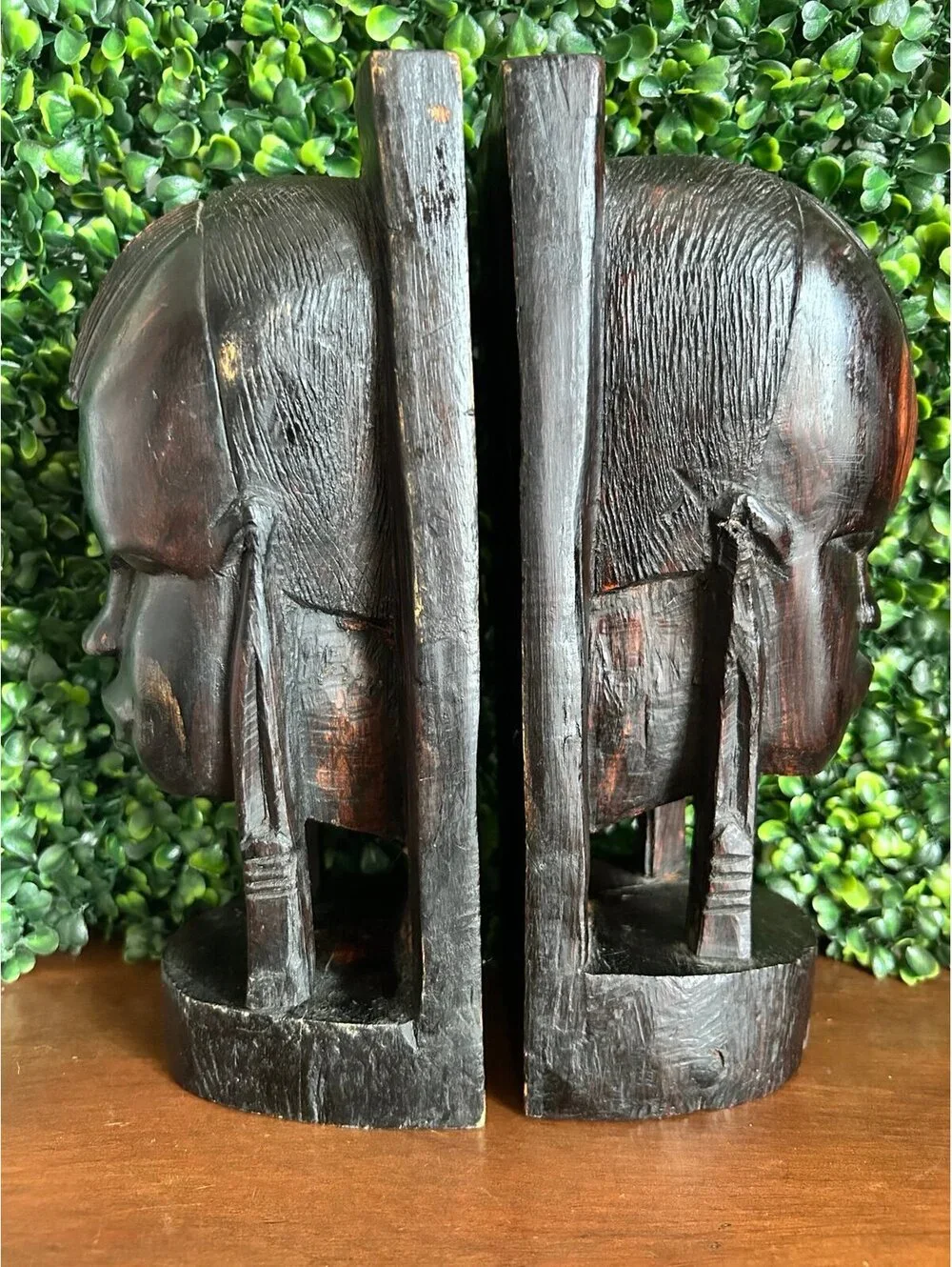 Vintage Hand Carved Ebony Wood Face Bookends African Tribal Sculpture Pair
